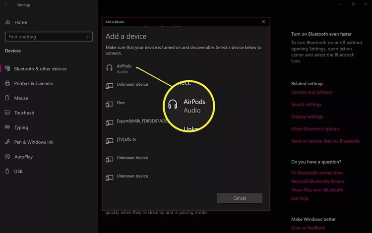 add a device in windows how to connect airpods to laptop